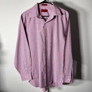 Bergamo New York Fitted Pink & Blue Plaid Long-Sleeve Button-Up Lrg